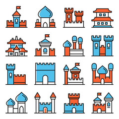 Fototapeta premium Castles Icons Set on White Background. Vector illustration