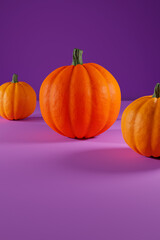 Group of pumpkins on purple studio background. Halloween setting. Copy space for marketing usage