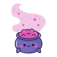 Naklejka premium Kawaii witch cauldron with pink potion on white background. Cartoon vector character. Halloween sticker. Cauldron with cute face. Vector illustration.