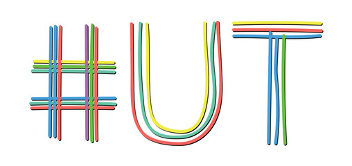 UT Hashtag. Isolate doodle lettering text from multi-colored curved neon lines like from a felt-tip pen, pensil. #UT is abbreviation for the US America state Utah for banner, social network, t-shirts