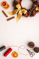 Handmade Christmas wreath. New year decoration background