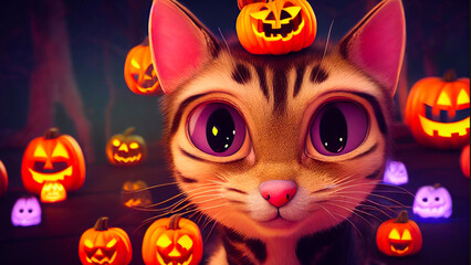 Halloween kitty smiling with pumpkins