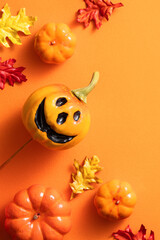 Creative Halloween design concept background with pumpkin, autumn leaves and copy space.