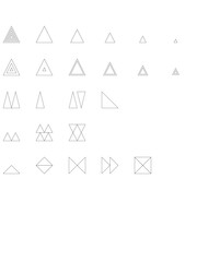 Set of black outlined triangle shapes graphic element. Isolated vector, png, illustration, transparent background. Asset for brush, stamp, montage, collage, grain source or neo geometric pattern.