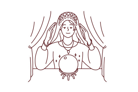 recommend clip art: Female fortune teller look at magic ball predict future. Woman gypsy in robe do magical ritual in room. Vector illustration. 