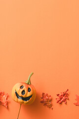 Creative Halloween design concept background with pumpkin, autumn leaves and copy space.