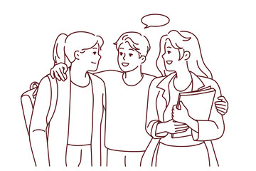 Smiling young guy flirting with female mates. Male hug talk with millennial girls in college or university. Vector illustration. 