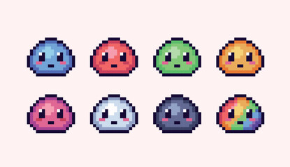 Monster slime pixel art set. Cute colorful blob with eyes collection. Kawaii Ooze 8 bit sprite. Game development, mobile app.  Isolated vector illustration. © SickleMoon