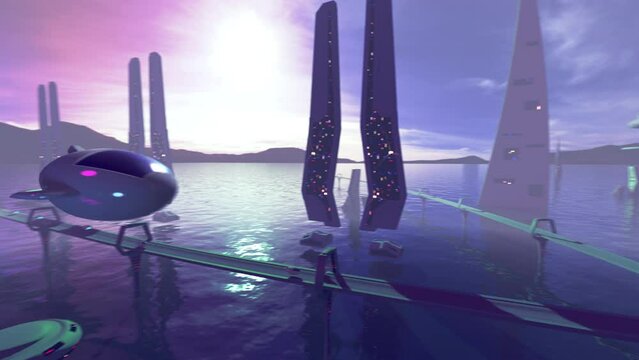 Animation of a fantasy city on alien planet with space ship passing by