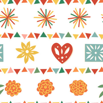 Mexican Papel Picado Repeat, Pierced Bunting Vector Seamless Pattern. Dia De Los Muertos, Day Of The Dead Garland.