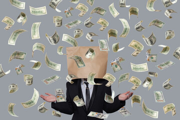 Business, money and success concept. Man in empty paper bag on her head under money rain on gray...