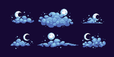 Night sky with Fluffy clouds pixel art icon set. Smoke or fog with stars, sky elements logo collection. 8-bit sprite. Game development, mobile app. Isolated vector illustration.