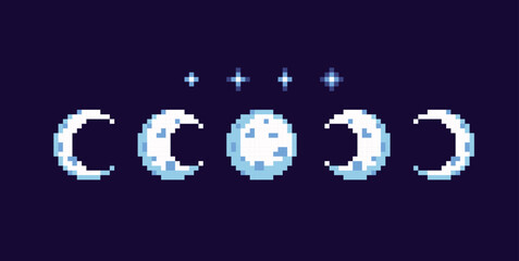 Moon phases pixel art set. Lunar cycles collection. Astronomical elements. Eclipse, crescent and full moon 8 bit sprite. Game development, mobile app.  Isolated vector illustration.