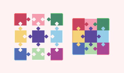 Naklejka premium Puzzle game pixel art set. Colorful jigsaw pieces collection. 8 bit sprite. Game development, mobile app. Isolated vector illustration.