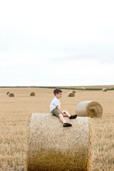 Naklejka na ściany i meble A cute little boy in a white t-shirt and khaki shorts is sitining on round bales of hay. Photo session in the field