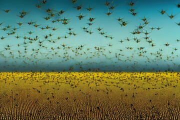 Swarm of locust over field. 