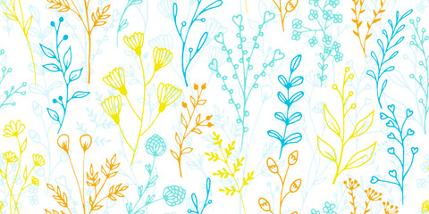 Field flower twigs botanical vector seamless pattern. Ditsy herbal textile print. Garden plants foliage and blossom illustration. Field flower branches spring repeating pattern