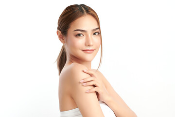 Naklejka premium Beautiful young asian woman with clean fresh skin on white background, Face care, Facial treatment, Cosmetology, beauty and spa, Asian women portrait.