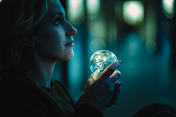 young worried woman holding bright shining lightbulb in her hands feeling unsave while in fear...