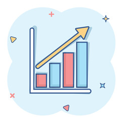 Chart graph icon in comic style. Arrow grow cartoon vector illustration on white isolated background. Analysis splash effect business concept.