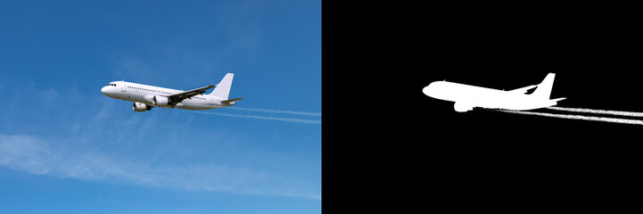 Fototapeta na wymiar Airplane flying with trail of smoke from engines over sky, with clipping mask and path
