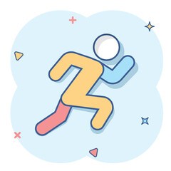 Run people icon in comic style. Jump cartoon vector illustration on white isolated background. Fitness splash effect business concept.