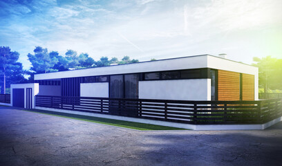 Naklejka premium Modern villa with a large terrace and panoramic windows. 3d visualization. Unique architecture. 
