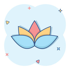 Obraz premium Lotus icon in comic style. Flower leaf cartoon vector illustration on white isolated background. Blossom plant splash effect business concept.