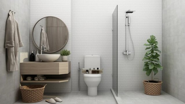 creating build up of hotel bathroom toilet with white and tiled walls, concrete floor, Shower near plant pot and sink on wooden countertop with round mirror. with wooden decoration 3d rendering