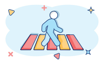 Pedestrian crosswalk icon in comic style. People walkway cartoon sign vector illustration on white isolated background. Navigation splash effect business concept.