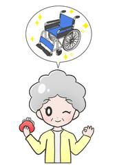 車椅子を安く購入もしくはレンタルできる方法があり喜ぶ黄色い服を着た笑顔のおばあさん	