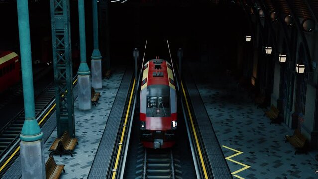a 3d train station seen from above. a train at the platform in the station. inside an old train station