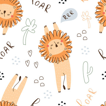 Seamless pattern with cute lion cub animal. Vector illustration for printing on fabric, wrapping paper. Cute baby background