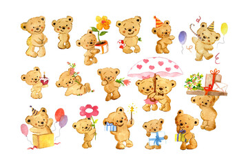 Set with cute watercolor bears for greeting cards