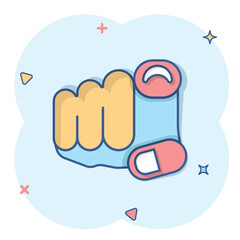 Finger point icon in comic style. Hand gesture cartoon vector illustration on white isolated background. You forward splash effect business concept.