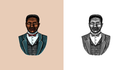 Elegant man. Male face. Afro American gentlemen. Victorian era. Fashion and clothes. Businessman in suit. Hand drawn Old sketch. Vintage engraved illustration. 