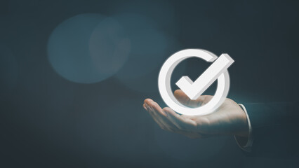 Businessman's hands showing quality assurance with icons ,ISO Certification Concept, Customer Satisfaction Guarantee, Symbol of Leading Service and Standardization