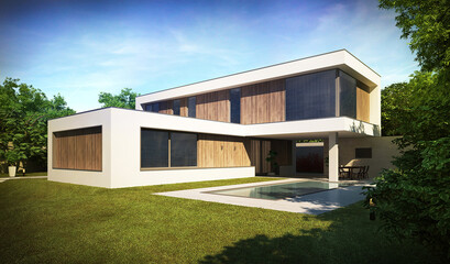 3D visualization of a modern house with a terrace and a swimming pool. Modern architecture.