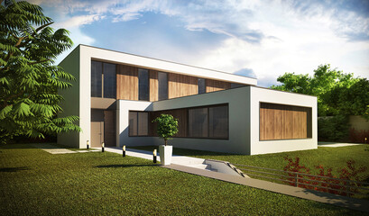 3D visualization of a modern house with a terrace and a swimming pool. Modern architecture.