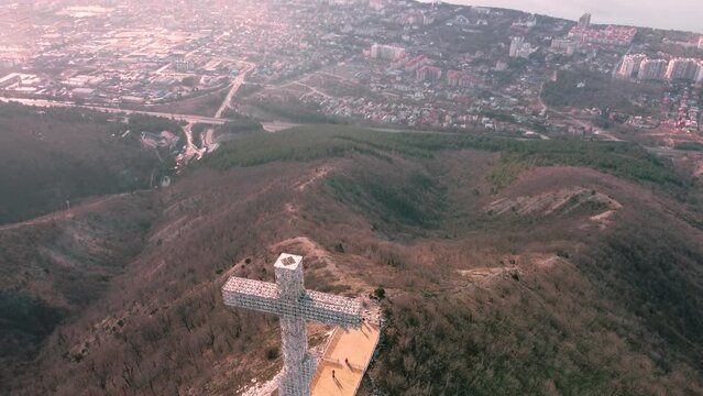 View of the city of Gelendzhik from a bird's eye view at sunset, flying from a drone