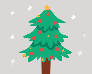 Illustration of a beautiful green Christmas tree with with snowflakes and decoration. Bright garland. Merry Christmas greeting card, invitation and poster. Concept of holidays and new year.