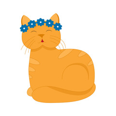 ginger cat. cat sitting, flower wreath on his head. cartoon animal