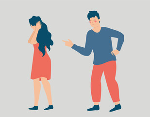 Man points his finger at a woman, criticizes and blames her. Female covers her ears due to accusations. Stop violence, bullying and abuse against women. Concept of verbal assault between couple. - obrazy, fototapety, plakaty