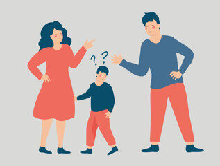Influence of divorce on the family and children. Parents argue and insult each other in front of their confused child. Concept of custody battle, couple breakup, verbal assault and disagreement. - obrazy, fototapety, plakaty