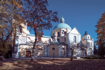 Trzemeszno, Poland - baroque basilica in autumn scenery