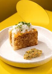 casserole with vegetables on a yellow background