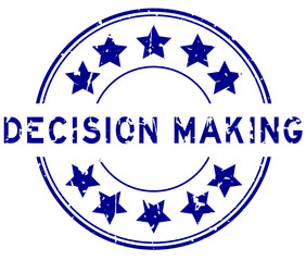 Grunge blue decision making word with star icon round rubber seal stamp on white background
