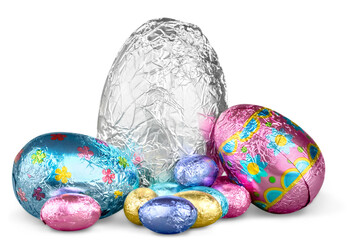 Middle group of chocolate candy Easter eggs wrapped in foil