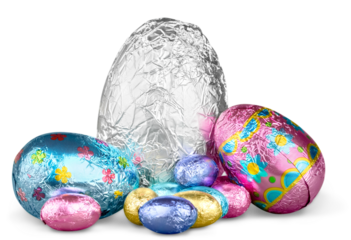 Middle group of chocolate candy Easter eggs wrapped in foil