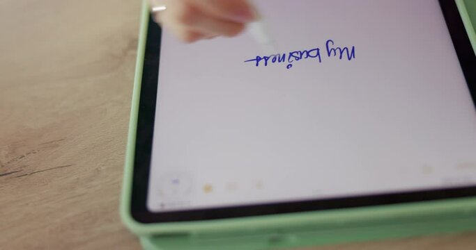 Small business, tablet and drawing logo for website, branding and marketing with pen on screen for startup company. Entrepreneur woman and web developer or graphic designer doing brand design